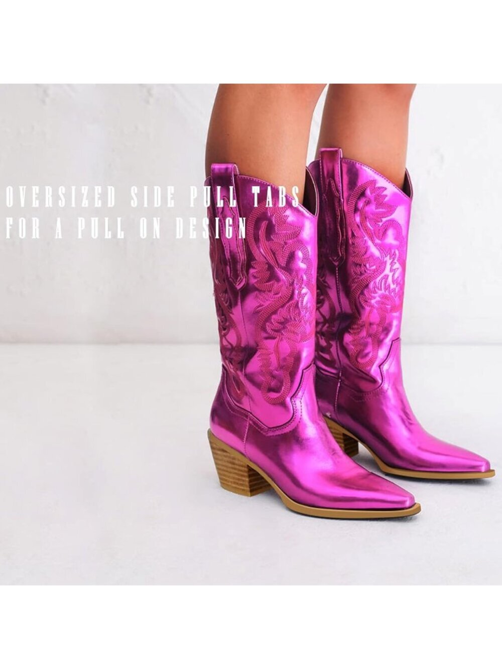 Women's Fuchsia Rubber Metallic Embroidered Mid-Calf Knee High Cowgirl Boots - Picture 5 of 5